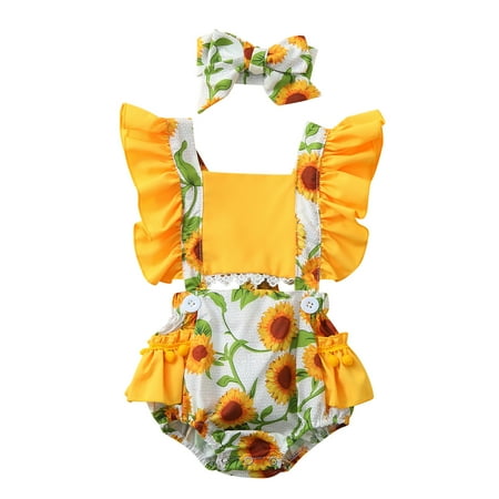 

MELDVDIB Baby Romper Newborn Infant Baby Girls Tassel Sunflower Print Romper Hendbands Summer Outfits Gift on Clearance