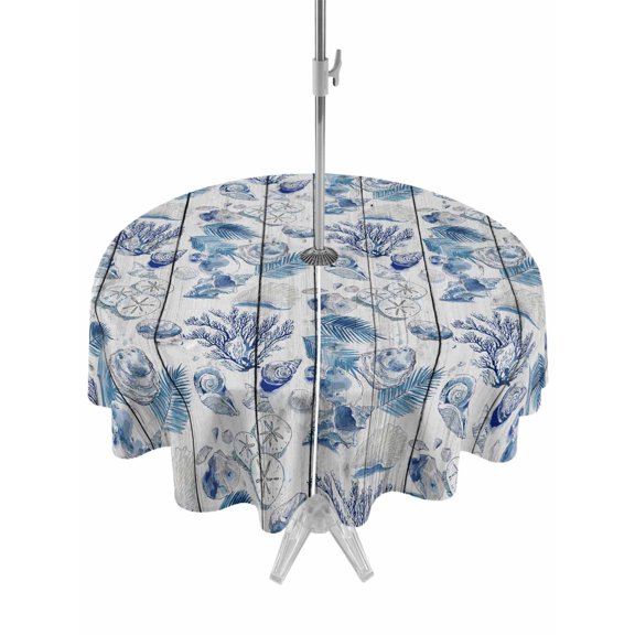 Outdoor Tablecloth with Umbrella Hole for Patio/Picnic/Party/Camping, Coastal Nautical Waterproof Table Cloth Round Cover Washable, Summer Ocean Corals Wooden Grain Blue (Dia 54")