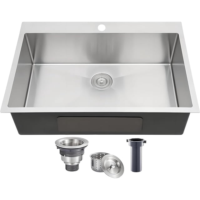 Gunmetal Kitchen Sink Topmount Drop in Stainless Steel Single Bowl Kitchen Gauge Extra-Thick Modern Bar Prep RV Laundry Sinks with Dish Grid and Basket Strainer
