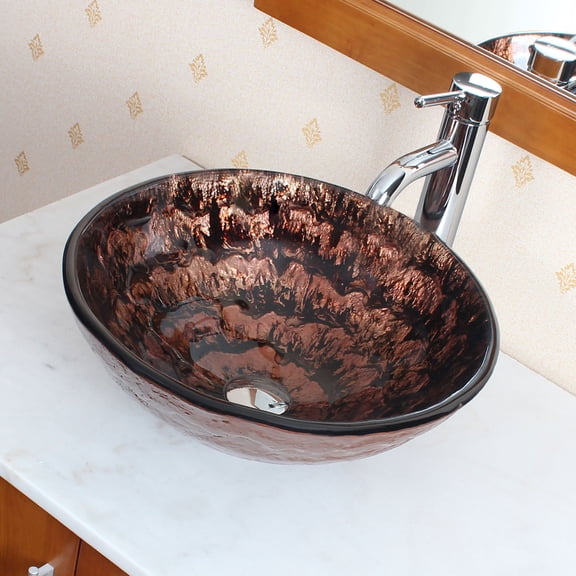 Elite Hand Painted Cascading Metallic Copper Pattern Tempered Glass Bathroom Vessel Sink with Chrome Pop-up Drain and Mounting Ring - 1207 P01008C
