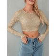 thumbnail image 6 of KelaJuan Women’s Full Sequin Cropped Tops Long Sleeve Round Neck Show Navel Glitter Sparkle Party Blouses, 6 of 9