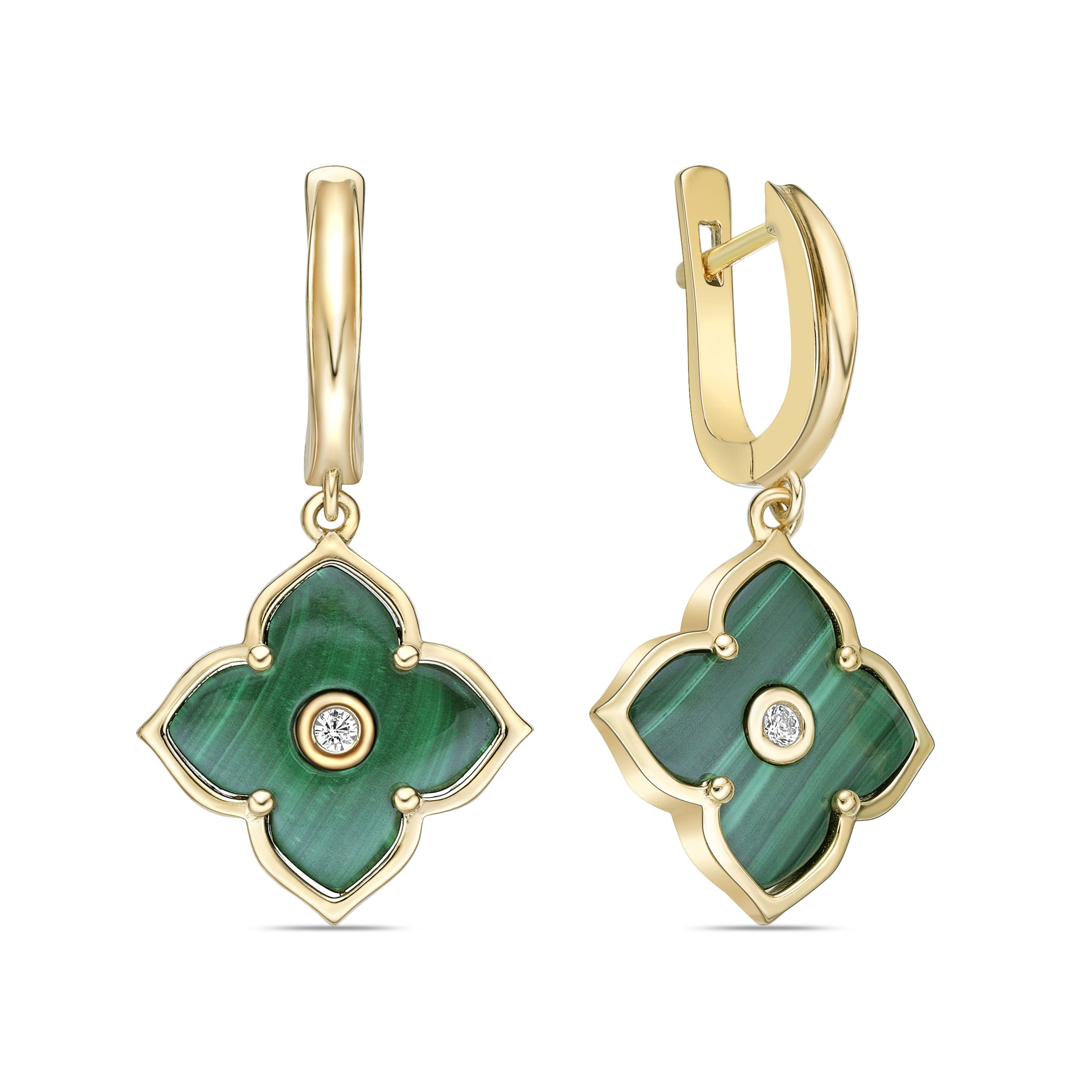 Malachite Flower Dangle Drop Earrings for Women with Cubic Zirconia in 925 Sterling Silver with Yellow Gold Plating Hinged Back by Lavari Jewelers