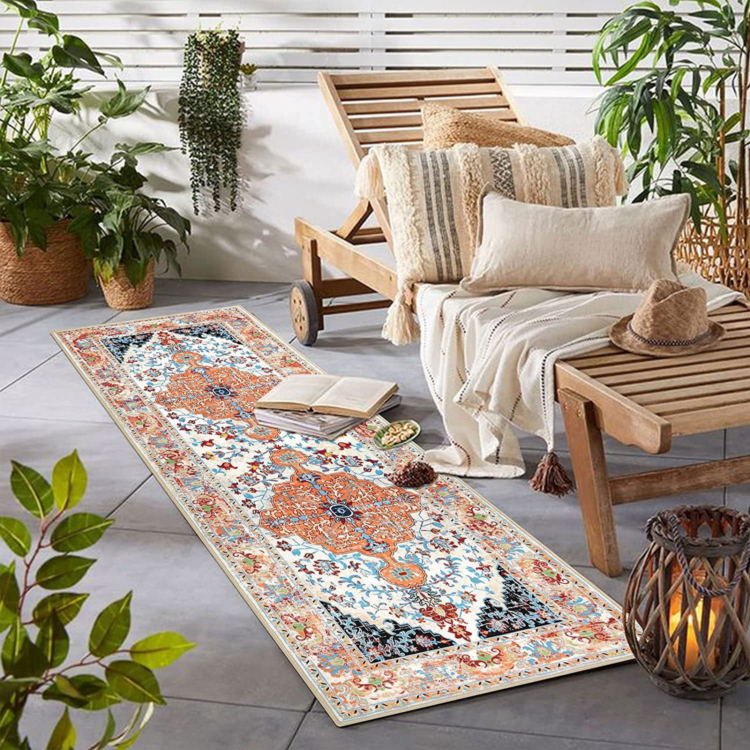 Findosom 2'x6' Vintage Boho Runner Rug Washable Non-slip Area Rug,Hallway Indoor Farmhouse Bedroom Kitchen Living Room Non Shedding Runner, Contemporary Low Plie Floor Carpet Doormat,Orange