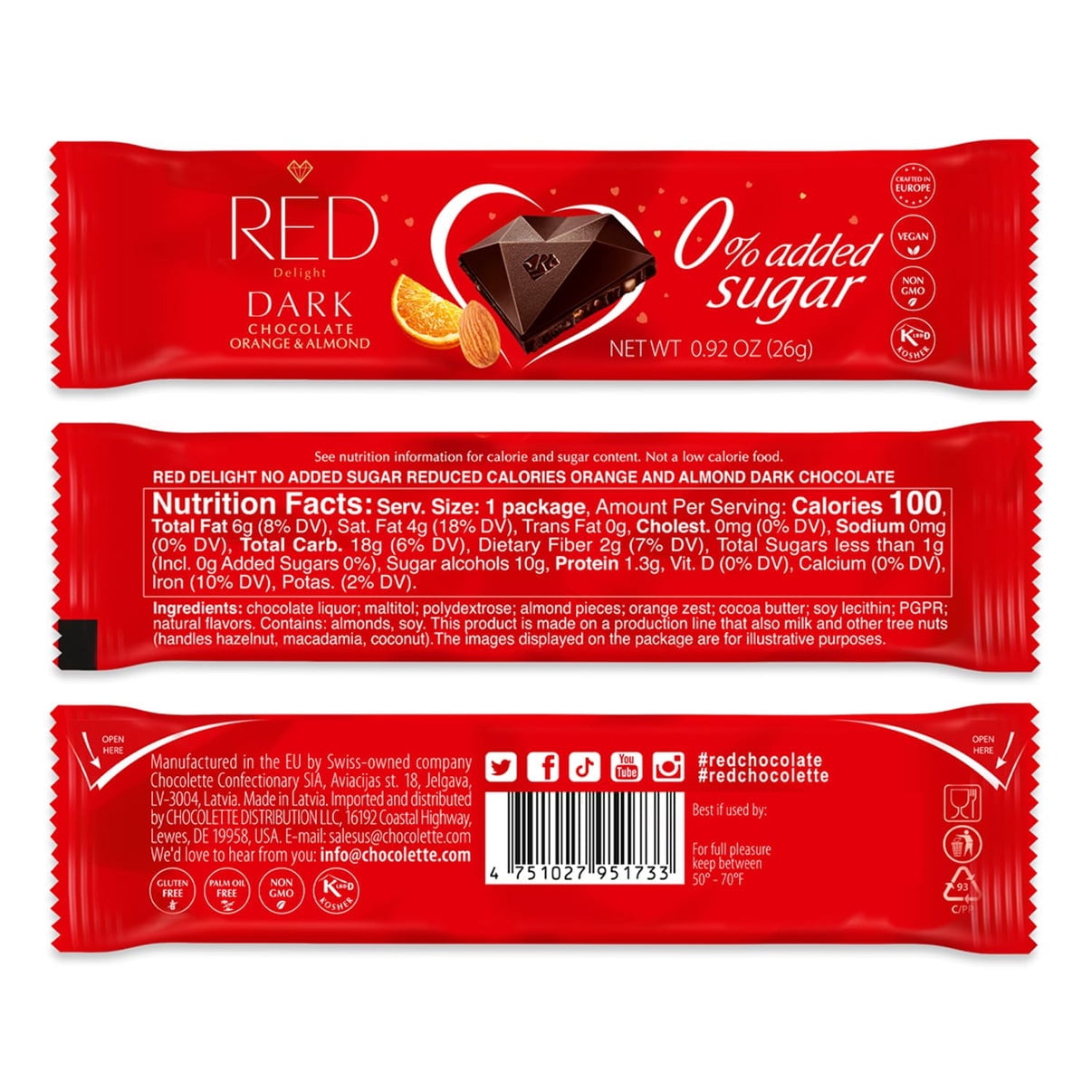 RED Delight Orange and Almond Dark Chocolate 12 Count Box of Grab N Go Travel Size Bars (0.92 Ounces Each)