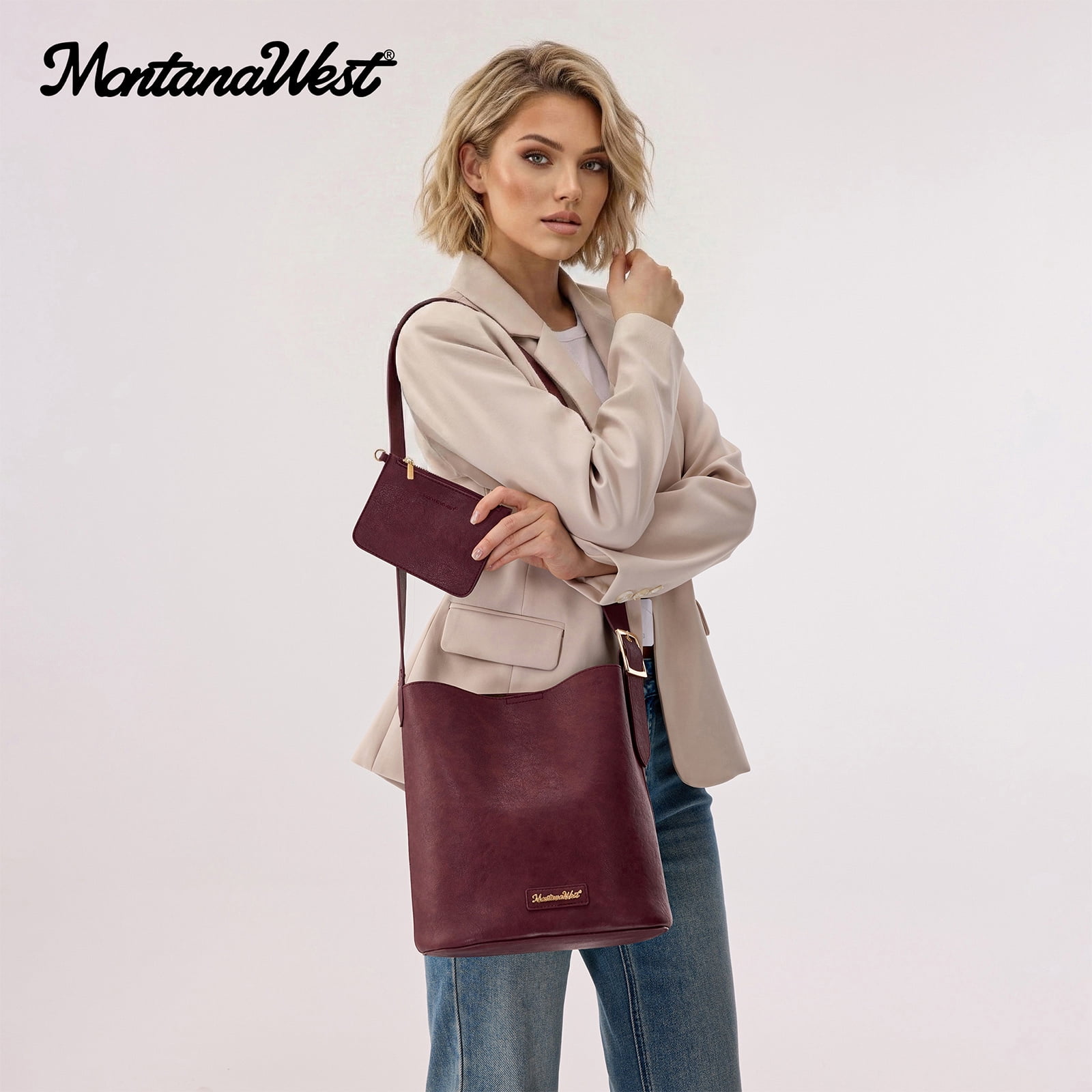 Montana West Medium Hobo Shoulder Bag for Women, 2PCS Slouchy Crossbody Purse with Zipper Pouch, Casual Bucket Handbag, Burgundy