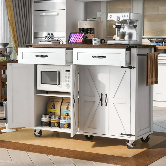 Îlot de Cuisine Style Ferme de 53,5 Pouces avec Prise de Courant, Chariot de Rangement à Abattant avec Porte-Épices et Tiroir, Îlot Roulant sur Roues pour Salle à Manger Maison