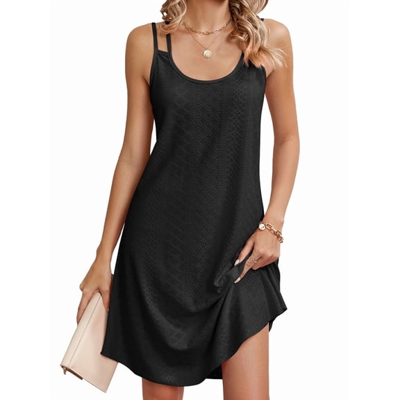 Women's Cover Up Dresses Eyelet Loose Sleeveless Sundresses Tank Dress for Summer Casual Black S