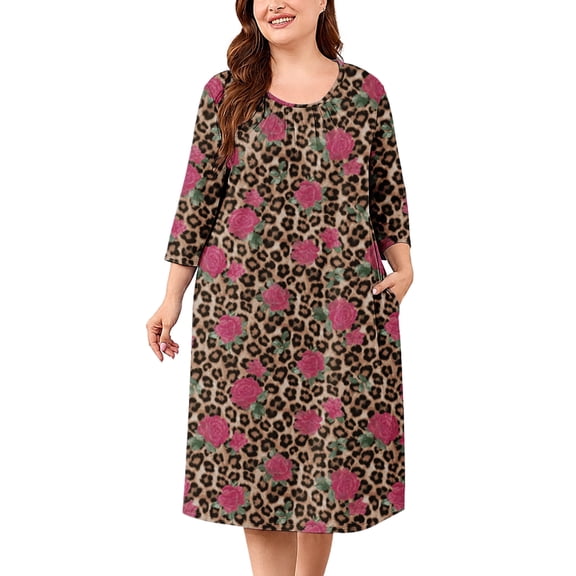 SHOWMALL Women's Plus Size Nightgown with Pockets Soft 3/4 Sleeve Pleated Crew Neck Sleep Dress Loose Lounge Sleepwear
