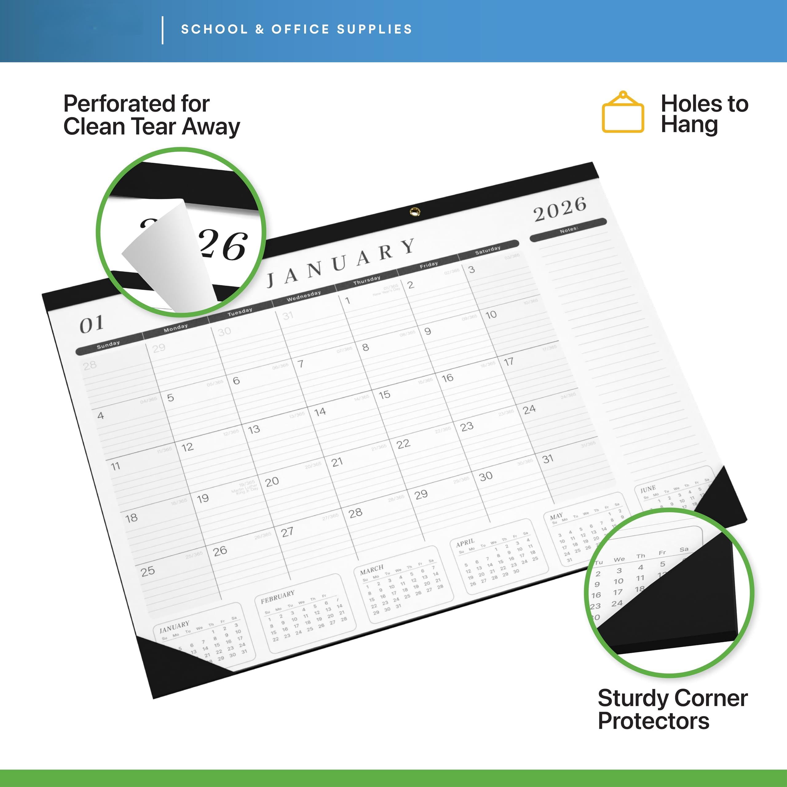 Desk Calendar 2026-2027 Large 22x17 Jan 2026 - Jun 2027 Blotter To-do List Planner (black & White 6 Pack)