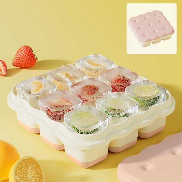 Bandeja de Plástico - Molde de Silicona con Forma de Galleta para Cubitos de Hielo para Congelador - Mini Máquina de Hielo de 9 Compartimentos para Cocina - Bandeja Apta para Alimentos de Fácil Desmo