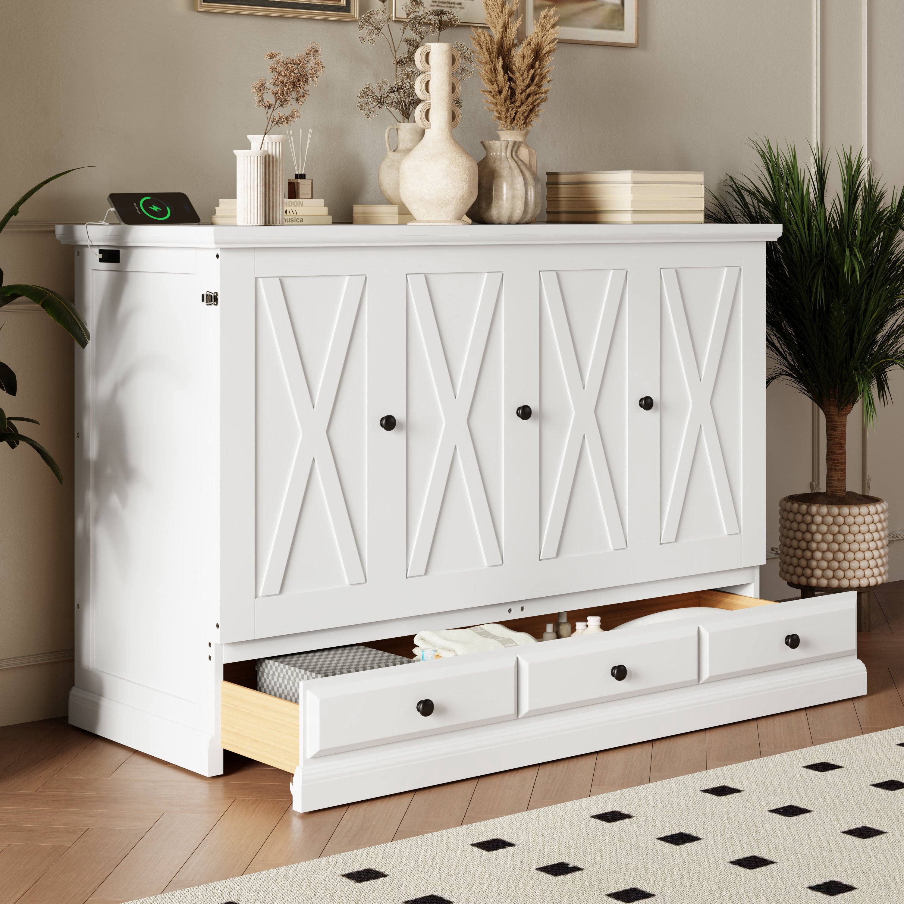 Euroco Wood Queen Murphy Bed with Drawers and USB Charging Station,Convertible for Adults,White