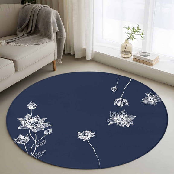 Round Area Rug 4 Ft, Navy Blue White Floral Washable Non-Slip Circle Carpet for Living Room/Bedroom, Abstract Art Summer Botanical Low-Profile Crawling Mats Collection Rugs for Indoor