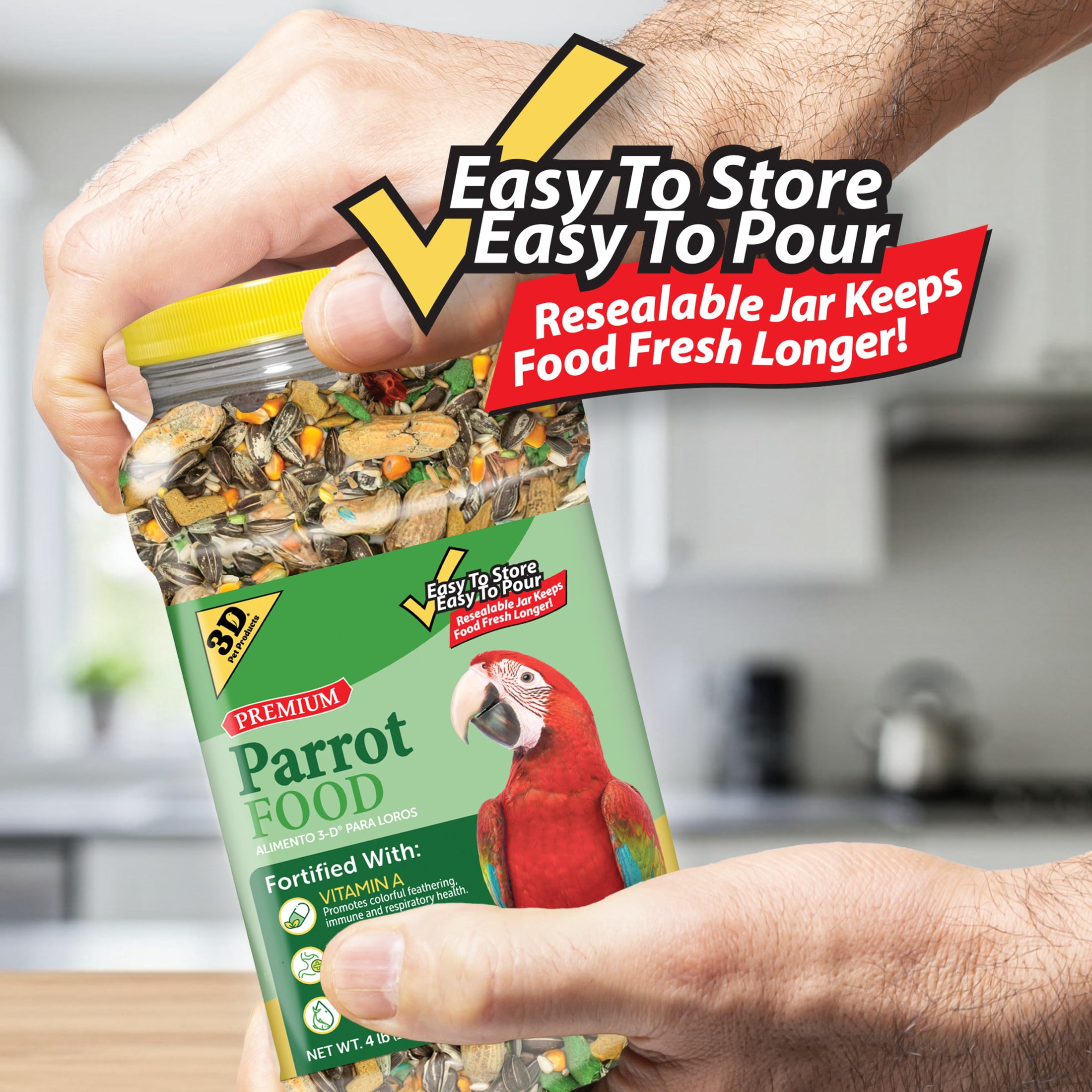 (4 pack) 3-D Pet Products Premium Parrot Bird Food, Seeds, 4 lb. Stay Fresh Jar
