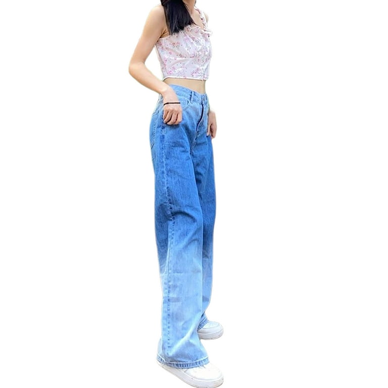 Women Loose Wide-leg Pants Adults Fashion Casual Style High Waist Gradient  Jeans Women Young Girls Spring/Fall Clothes
