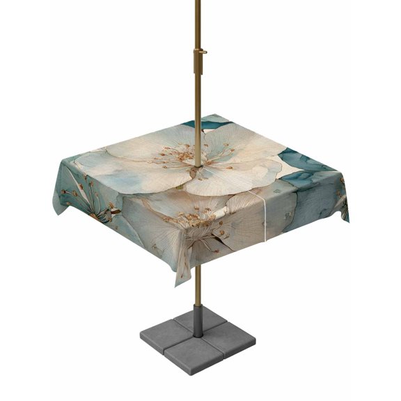 Outdoor Tablecloth with Umbrella Hole for Patio/Picnic/Party/Camping, Vintage Cherry Blossom Waterproof Table Cloth Square Cover Washable, Blue Teal Floral Farmhouse (60"x 60")