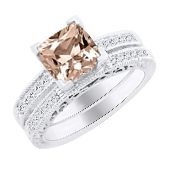 AFFY (2.35 cttw) Simulated Pink Morganite & White Diamond Engagement Wedding Ring Set In 14k White Gold With Ring Size -4