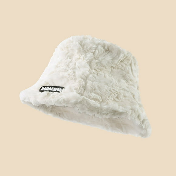 White Bucket Hats Winter Plush Fuzzy Bucket Hat Shearling Fisherman Hats for Women