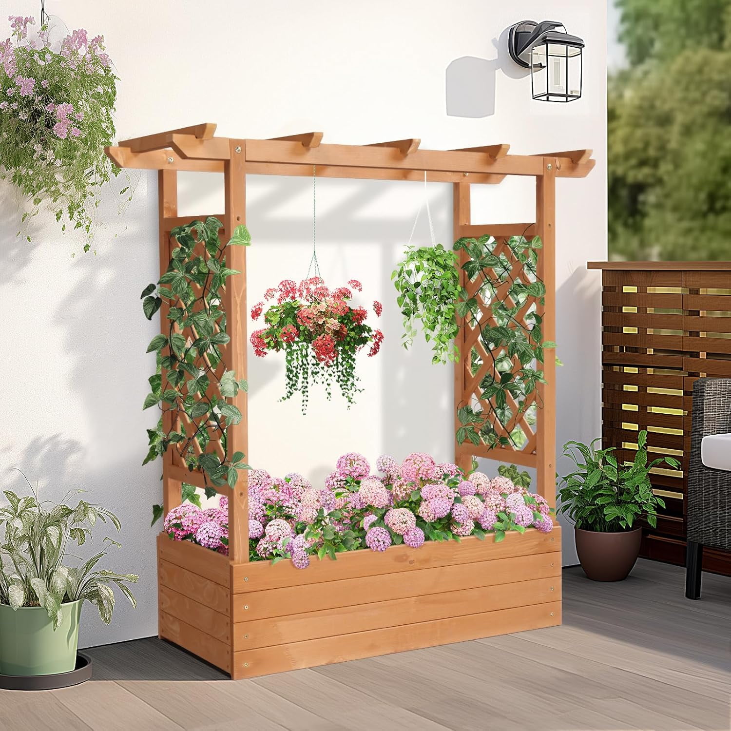 HJTER Raised Garden Bed with Trellis, Wood Planter Box with Hanging Roof, Side Trellis and Drainage Holes, Above Ground Elevated Garden Bed for Outdoor Climbing Plants Vines Vegetables (Teak Color)