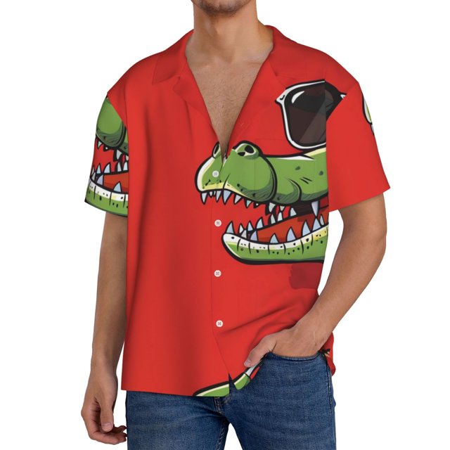 Balery Cool Crocodile With Sunglasses Camisa Casual de Manga Corta con Botones para Hombre, Texturizada, Estilo Cubano, para Playa, Verano-Medium