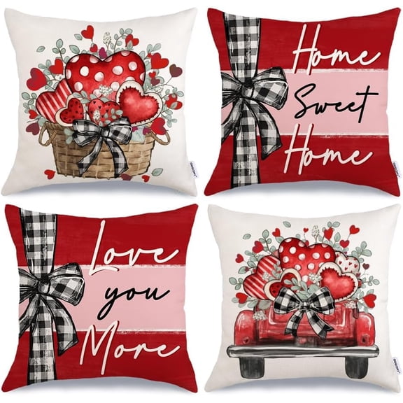 Valentine''s Day Love You More Home Sweet Home Throw Pillow Covers 18x18 Inch Set of 4, Eucalyptus Hearts Truck Stripes Decorative Farmhouse Wedding Cushion Case for Home Decoration G653-18