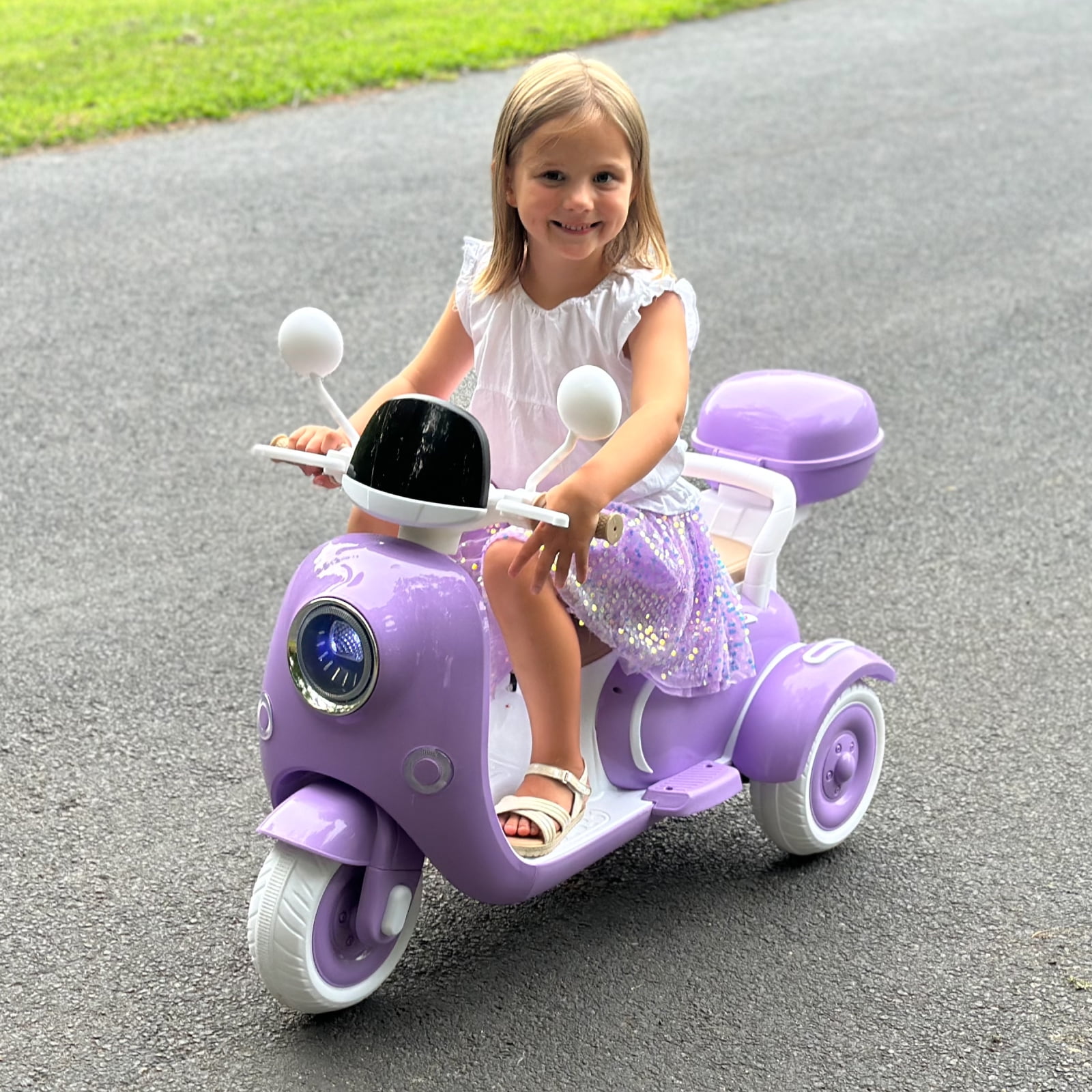TCARAIWEN 12V Kids Electric Motorcycle Battery 3-Wheeler Tricycle w/Bluetooth Music LED Storage Box Purple