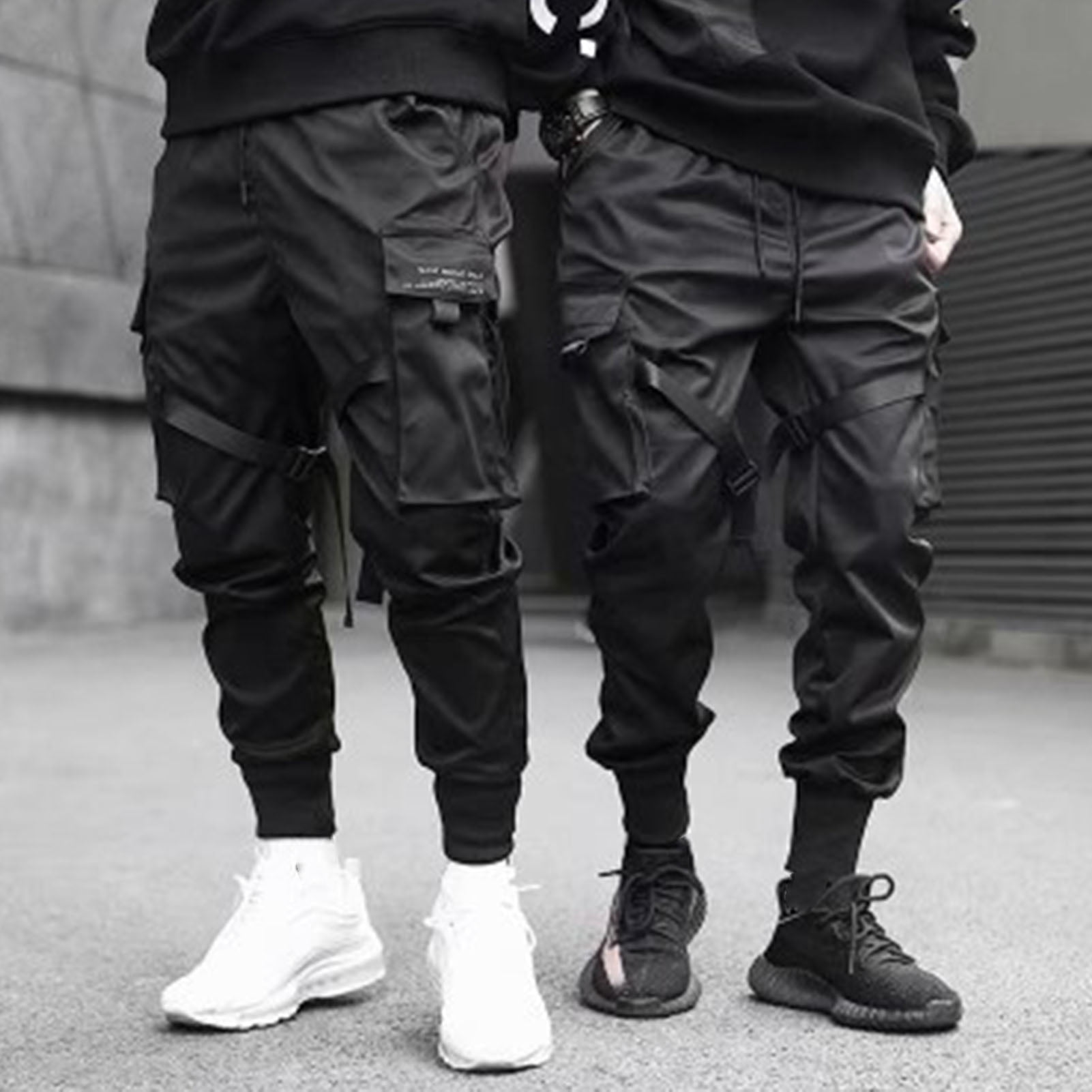 Men's Cargo Trousers Multi-Pocket Fashion Casual Overalls Loose Straped Pants 