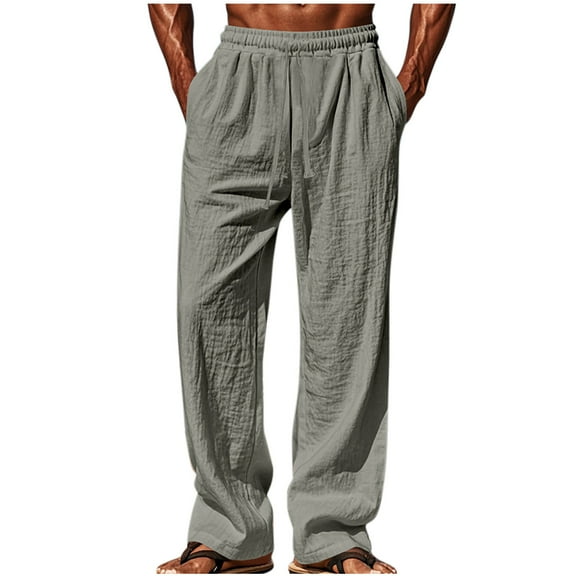 HOOMEUMY Men's Cotton Linen Pants Loose Fit Drawstring Elastic Waist Wide Leg Comfortable Summer Beach Trousers Gray XXL