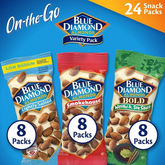 Blue Diamond Almonds Snack Nut HYZ01 Variety Pack Office, School, On-the-go, 0.75 oz Gluten Free Individual Packs, Wasabi & Soy Sauce, Lightly Salted, and Smokehouse (Pack of 1,24 Count Total)