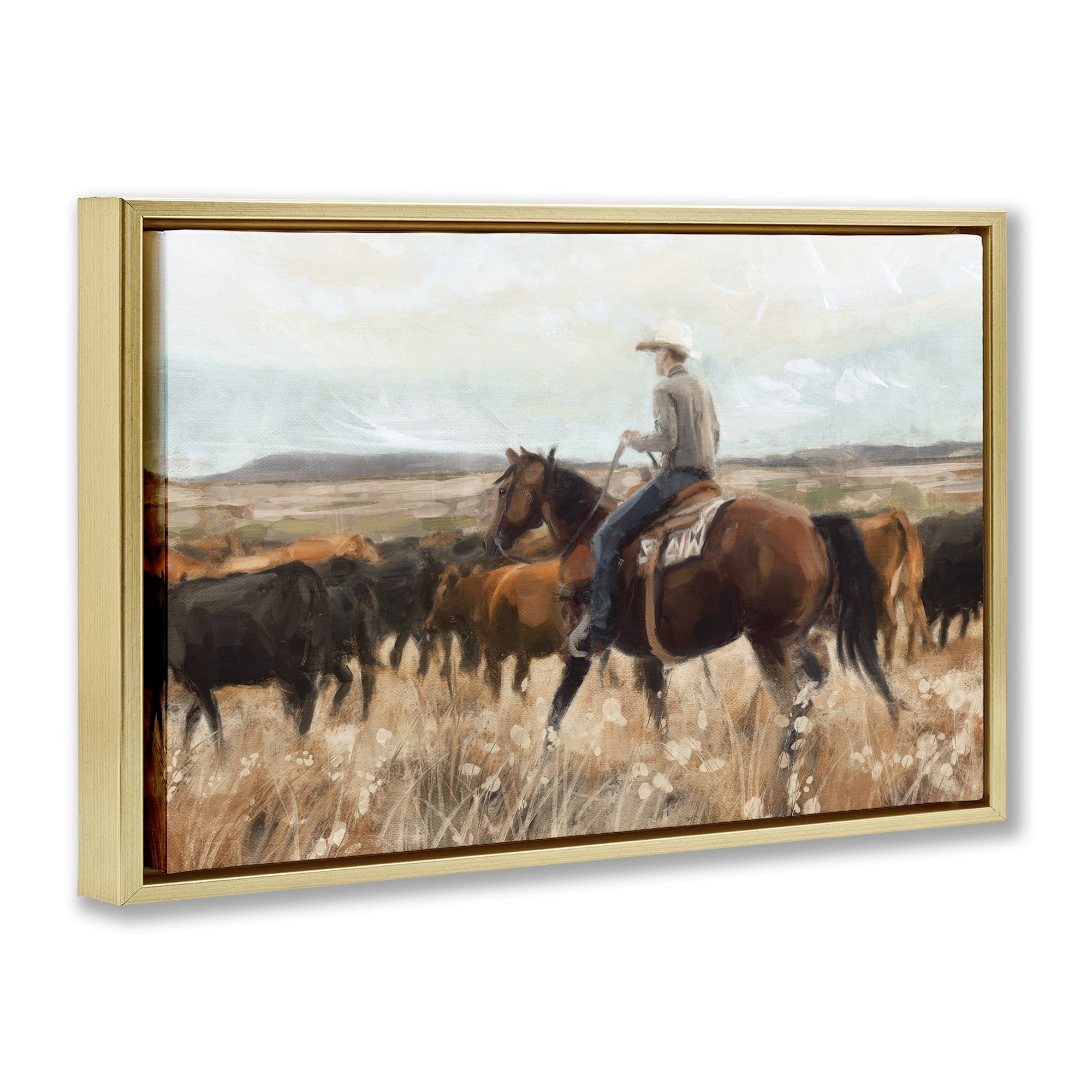 Stupell Industries Cowboy Rounding Cattle Landscape Painting Gold Floater Framed Canvas Art Print Wall Art, 31 x 21