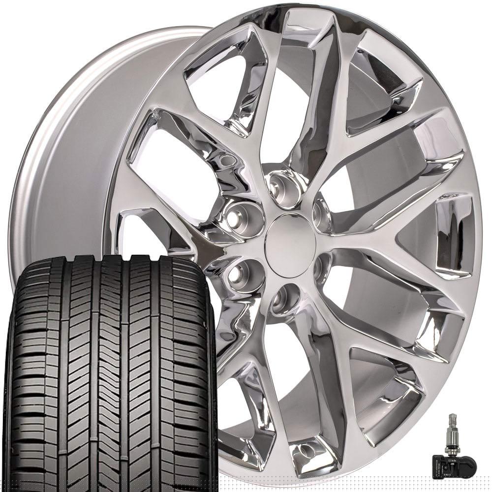 OE Wheels CV98B 22 Inch Rims, Tires & TPMS Fit Silverado 1500 Snowflake Style 6x139.7 22x9 Chrome - Hollander 5668 - Goodyear Eagle Touring 285/45-22 (Set of 4)
