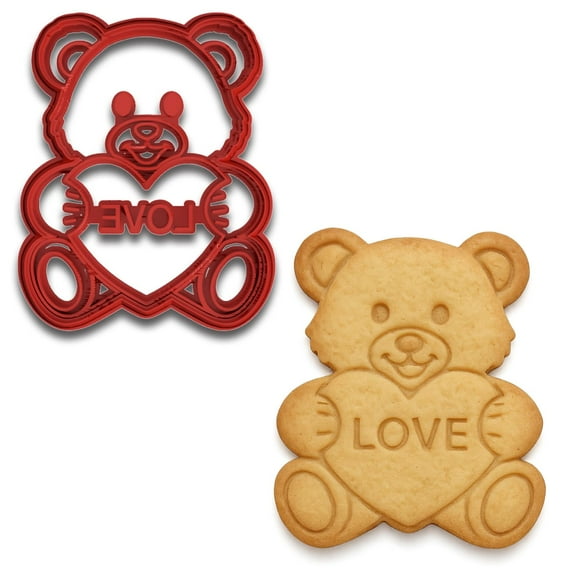 Mighty Gadget Teddy Bear Holding Heart Cookie Cutter & Stamp - 4x3.18", Cute Love-Themed Baking Tool (Random Color)