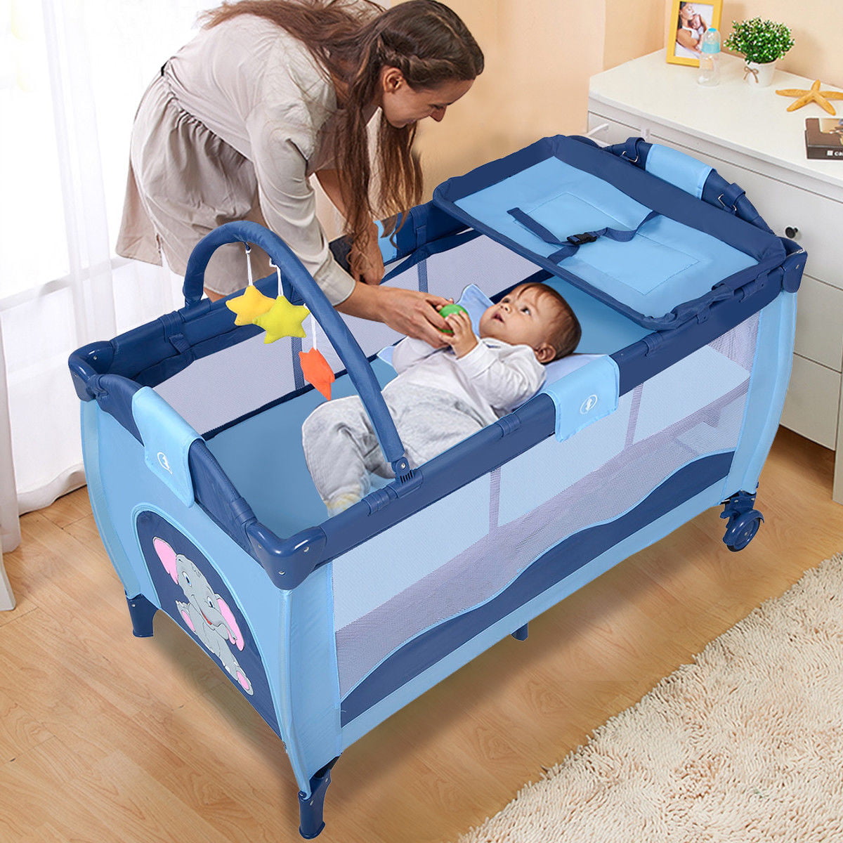 Bed Play Pen Child Bassinet Playpen Entryway Blue with Mat 2 in 1 COSTWAY Portable Infant Baby Travel Cot