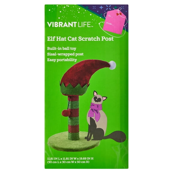 Vibrant Life Holiday Elf Hat Cat Scratch Post with Ball Toy, Red and Green, 11.81" x 11.81" x 19.69"