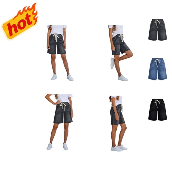 Maqroz Womens Drawstring Waist Knee Length Denim Shorts Lightweight Breathable Summer Casual Outfits for Daily Wear Outdoor Activities with Pockets