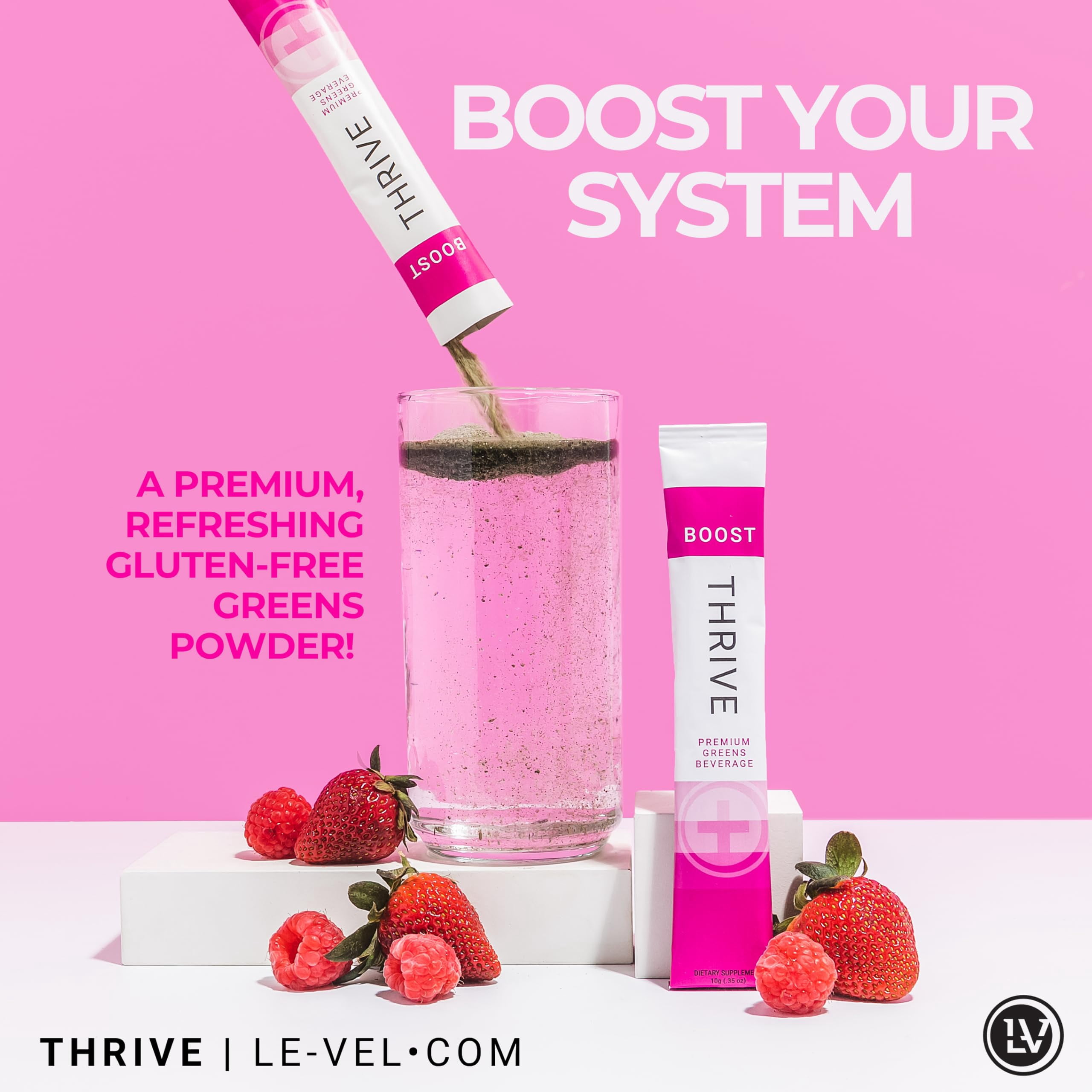 Le-Vel Thrive Boost – Premium Gluten-Free Greens Powder with pH Balancing Blend, Probiotics, Enzymes, Fruits, Vegetables, and Super Green Grasses – 30 Berry-Flavored Packets