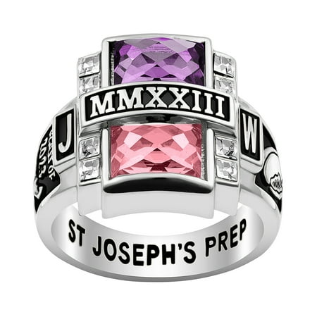 Personalized Men's Rhodium, Gold or Rose Gold Plated Double Birthstone & CZ Rectangle Class Ring