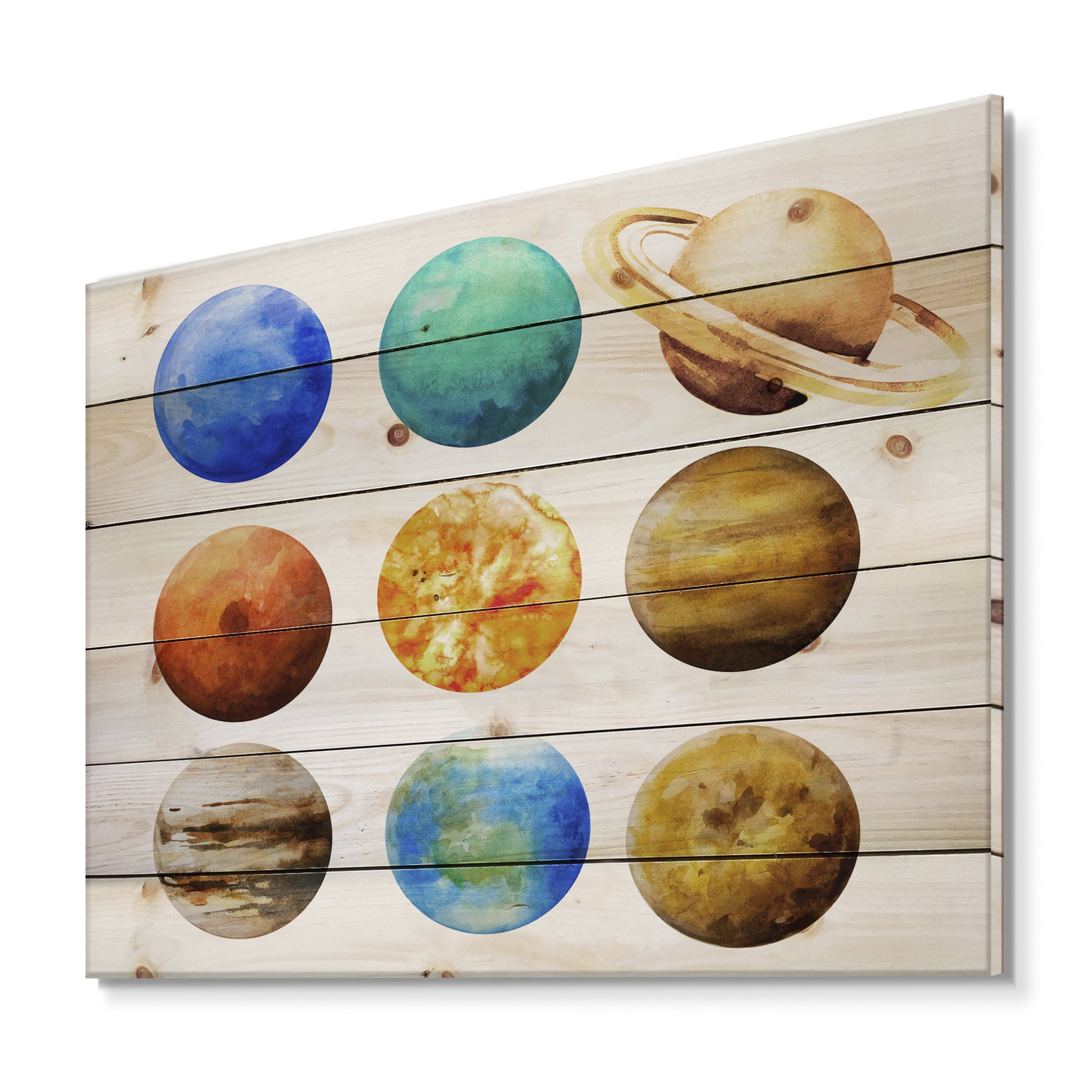 Designart 'Different Planets In Orbit' Modern Print on Natural Pine Wood