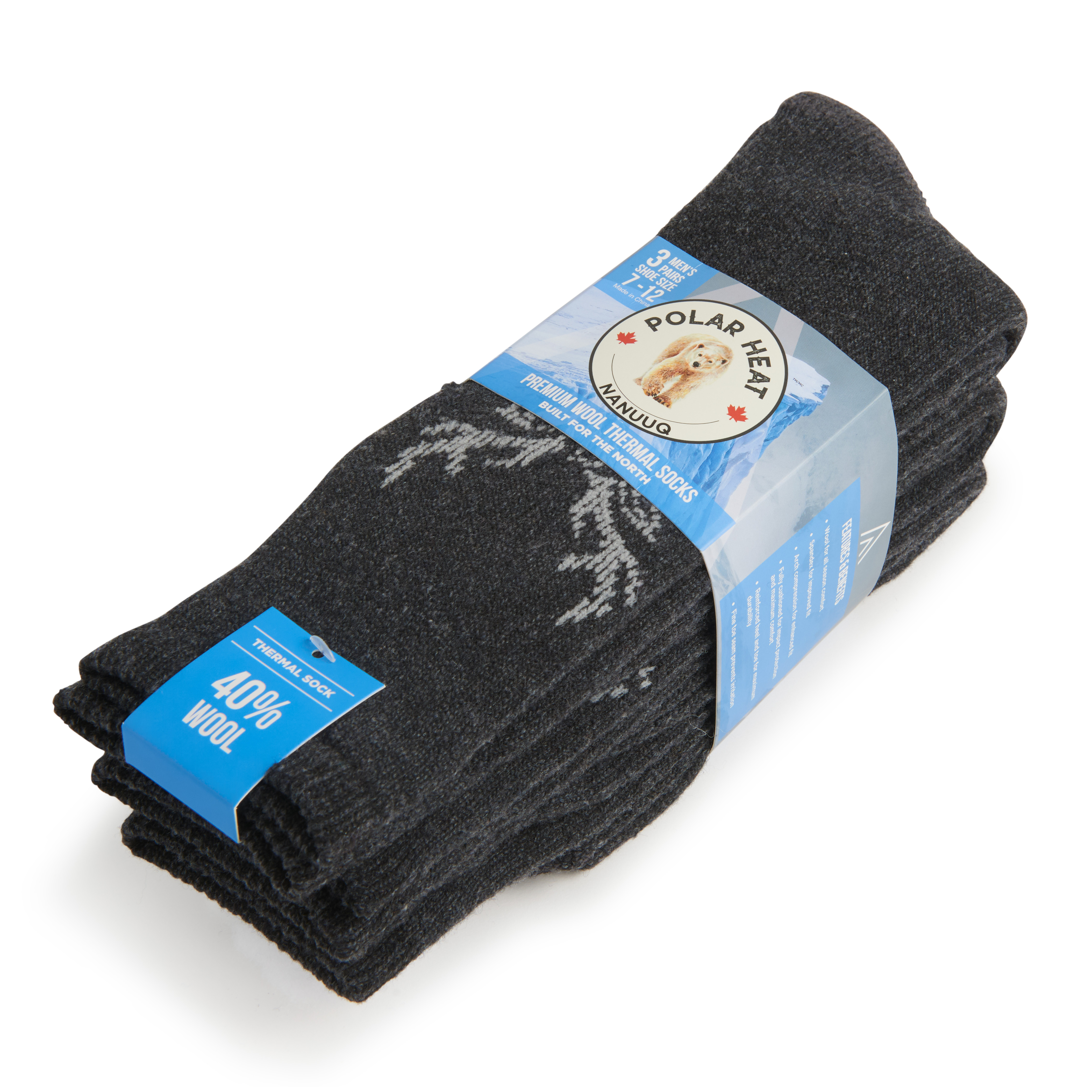 Polar Heat Nanuuq Wool Crew Socks, Cushioned Socks for Men, Charcoal, 3 Pairs