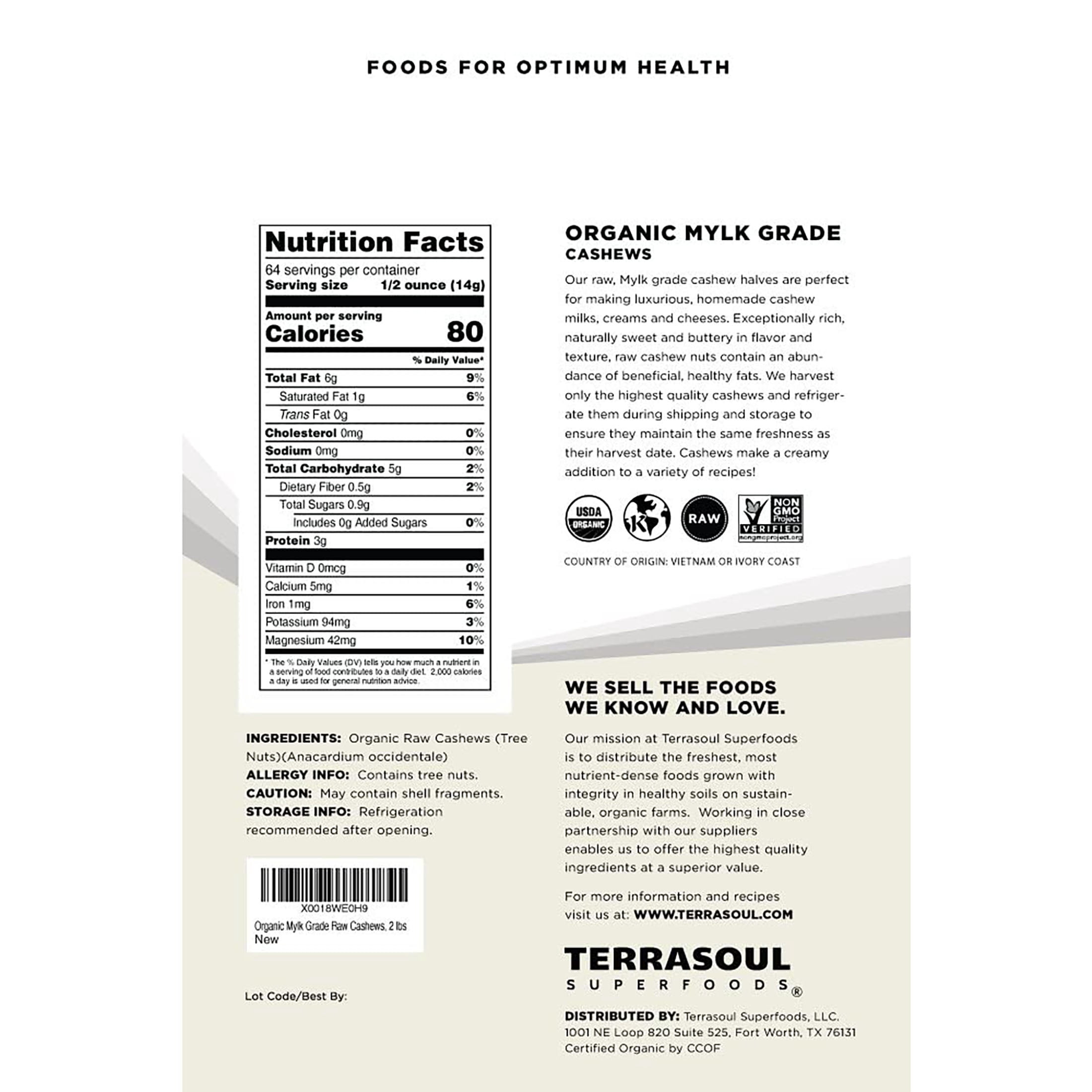 Terrasoul Superfoods Organic Raw Cashews (Mylk Grade), 6 Lbs (2 Lbs 3-Pack) - Great for Snacking, Desserts, Cashew Milk and Nut Butter Making