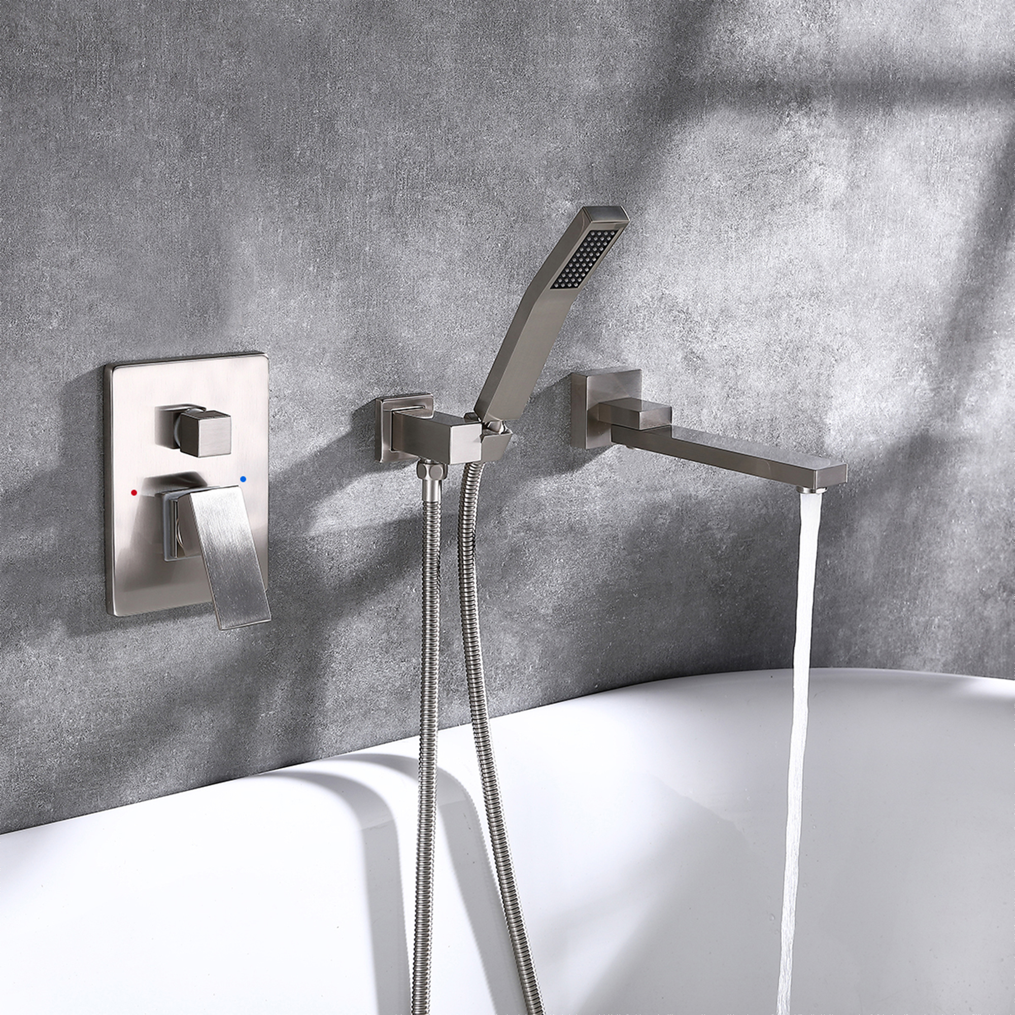 Dual Handle Wall Mounted Bathroom Tub Filler with Hand Shower, Brass Matte Black Waterfall Bathtub Faucet, Brushed Nickel
