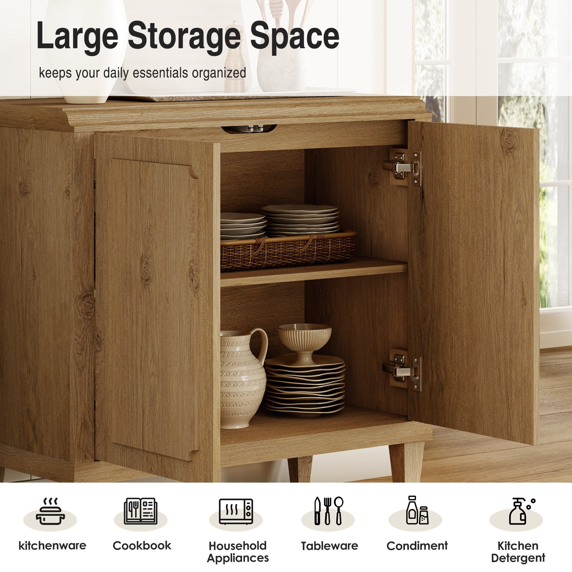 31.5" Oak Buffet Cabinet with Embossed Door, Modern Sideboard with Storage,Oak