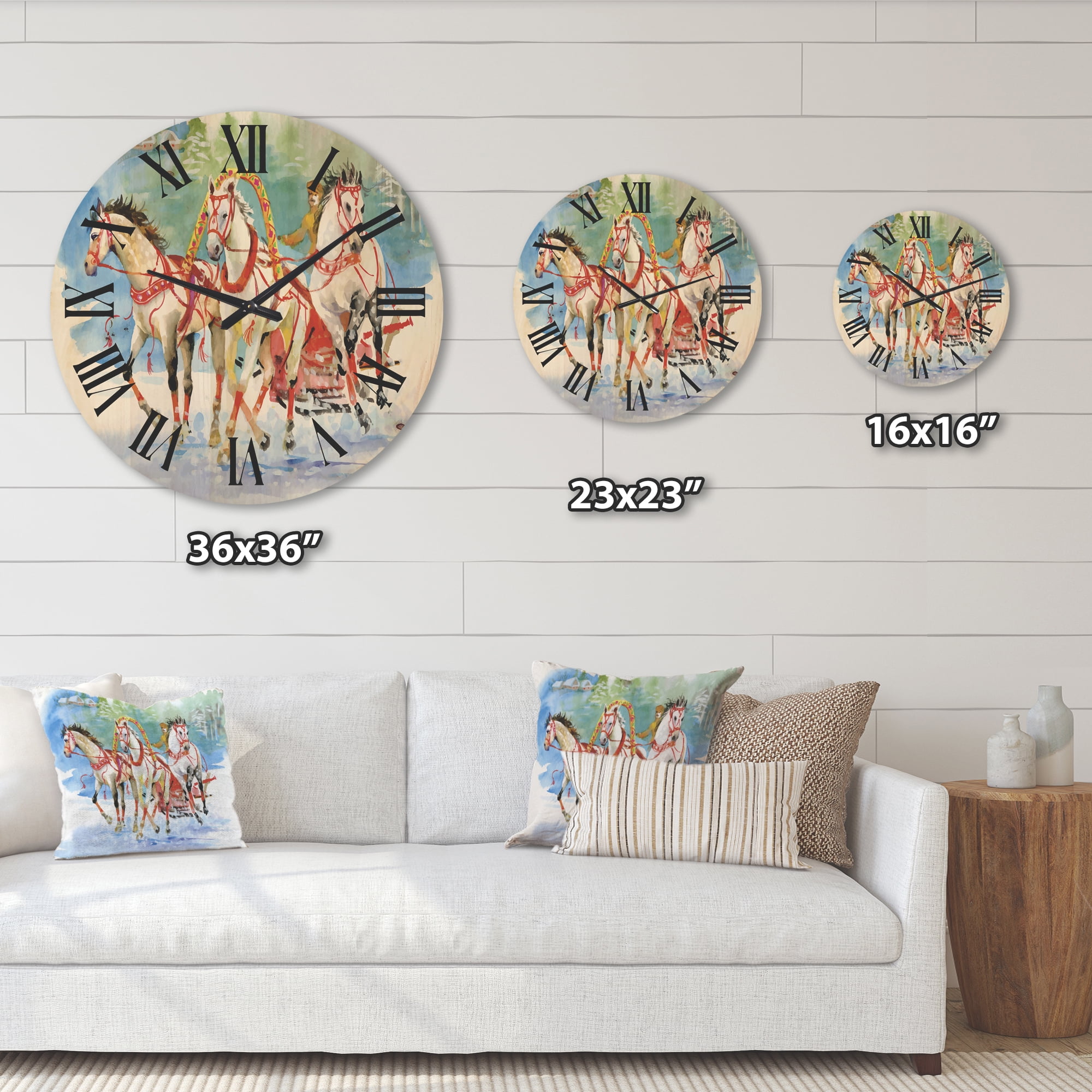 Designart 'Carriage In The Snow With Galoping Horses' Farmhouse Wood Wall Clock