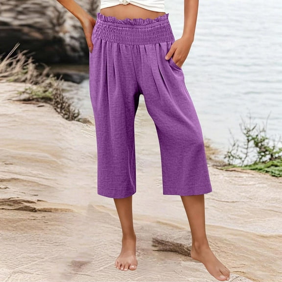 Pants for Women Plus Size Elastic Waist Wide Capris High Waisted Pants Casual Summer Pockets Pant