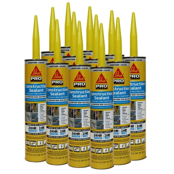 SIKA Sikaflex Construction Sealant, 12-Pack, 10.1 fl oz, Limestone  All-Purpose Polyurethane for Joints 1/2" or Smaller, Strong, Weatherproof, Paintable, Ideal for Masonry, Wood, Metal & Concrete