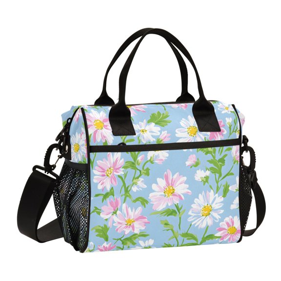 FORMRS Insulated Lunch Bag Unisex Large Capacity with Shoulder Strap, Blue Floral