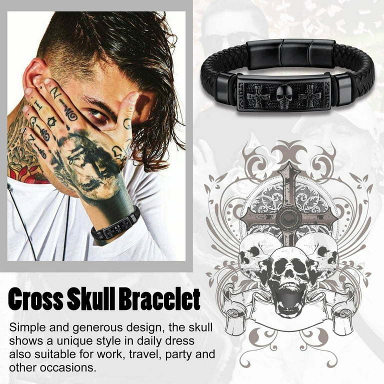 Bestyle Men's Leather Bracelet Gothic Punk Skull Cross Tag