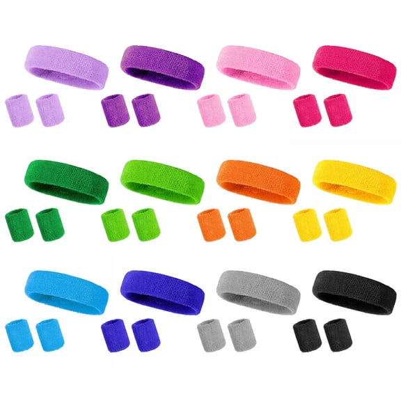 24 Sets Sweat Bands, Athletic Headbands and Wristbands for Women, Elastic Polyester, Quick Dry, Available in 12 Colors, Ideal for Sports and Workouts