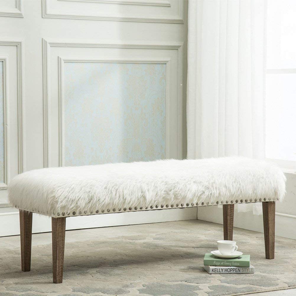Andeworld White Faux Fur Ottoman Bench Upholstered Bench for Bedroom