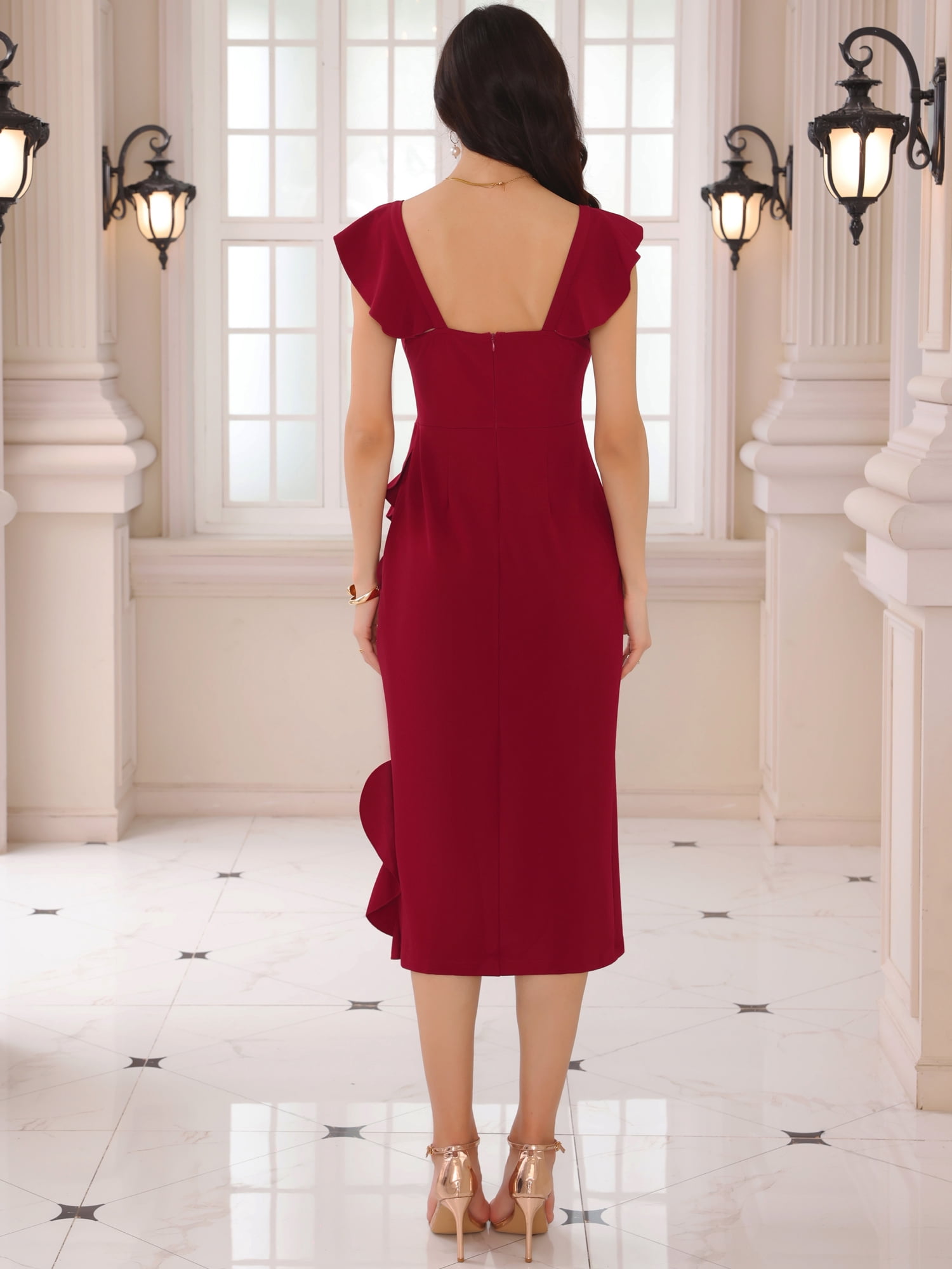 DARING DIVA Cocktail Sleeveless Square Neck Ruffle Midi Dress XL Wine Red