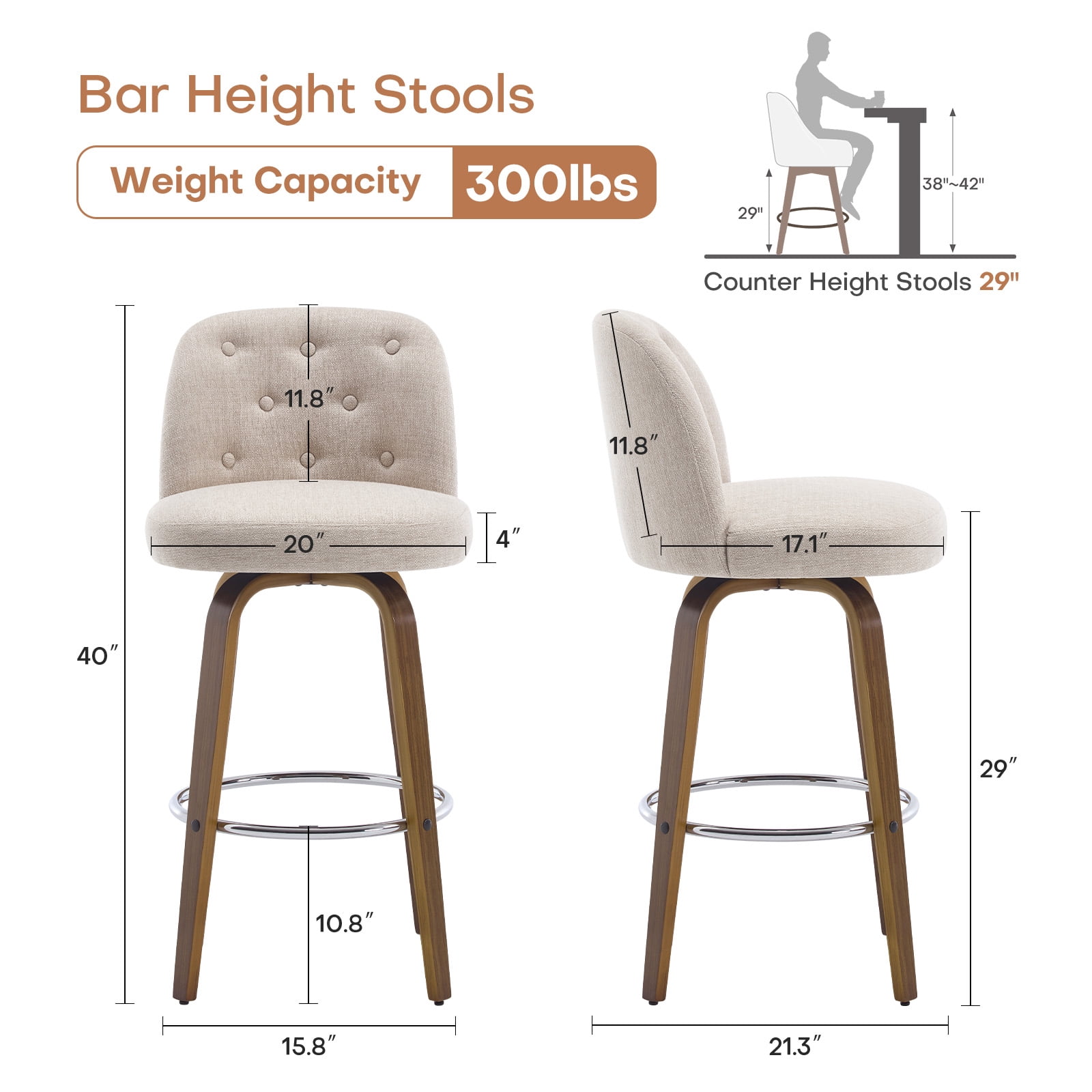 Foreate Swivel Bar Stools Set of 2, 29" Upholstered Linen Fabric with Button-tufted Mid-Back & Wood Legs, Modern Chair Kitchen Pub Island Counter Stool